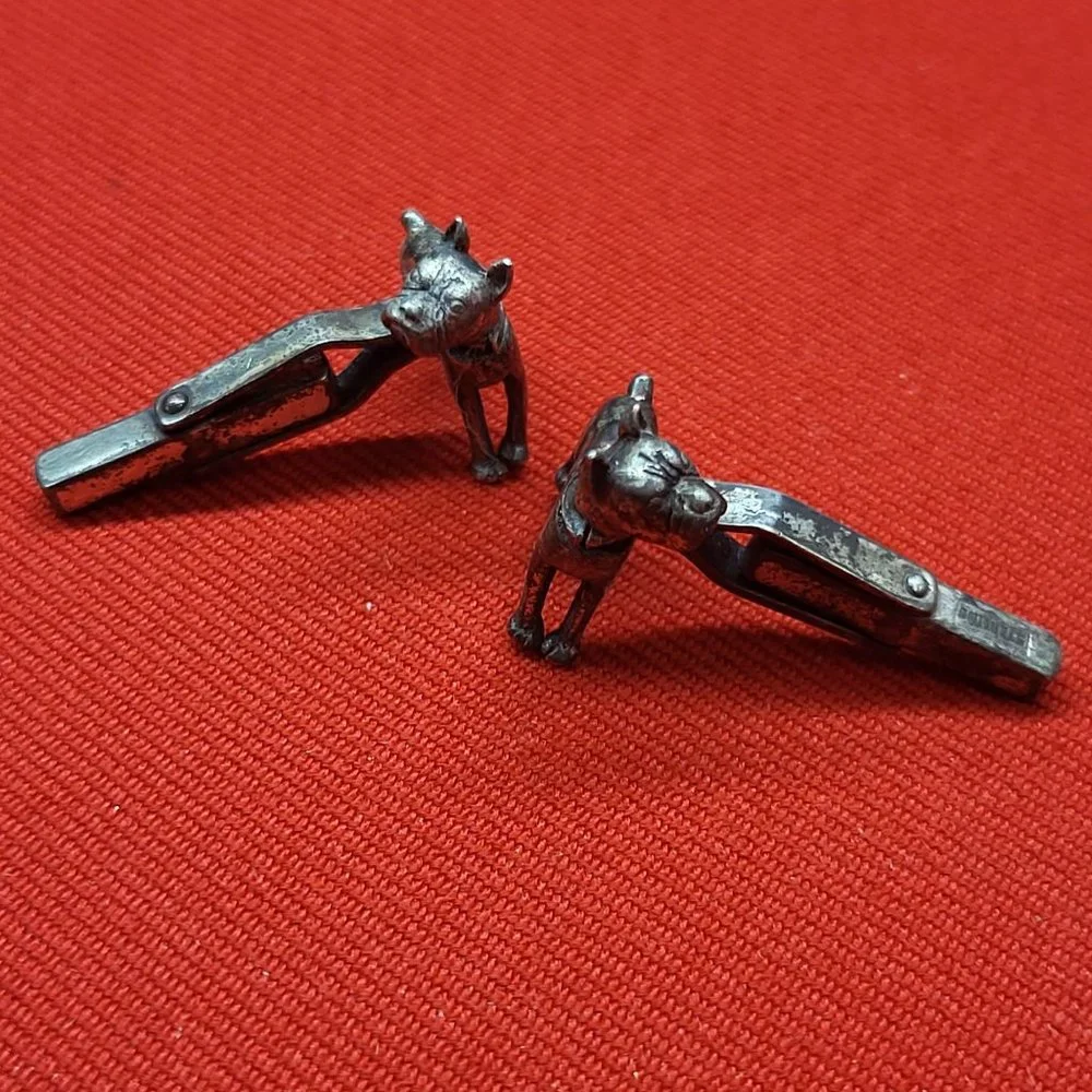 Vintage Signed Sterling Silver 3D Mechanics Heads Dog Cufflinks